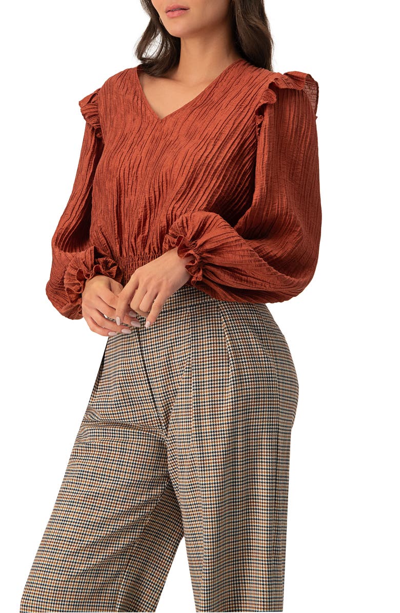 IVONNE V-Neck Smocked Blouse with Ruffle Sleeves, Alternate, color, Chedron