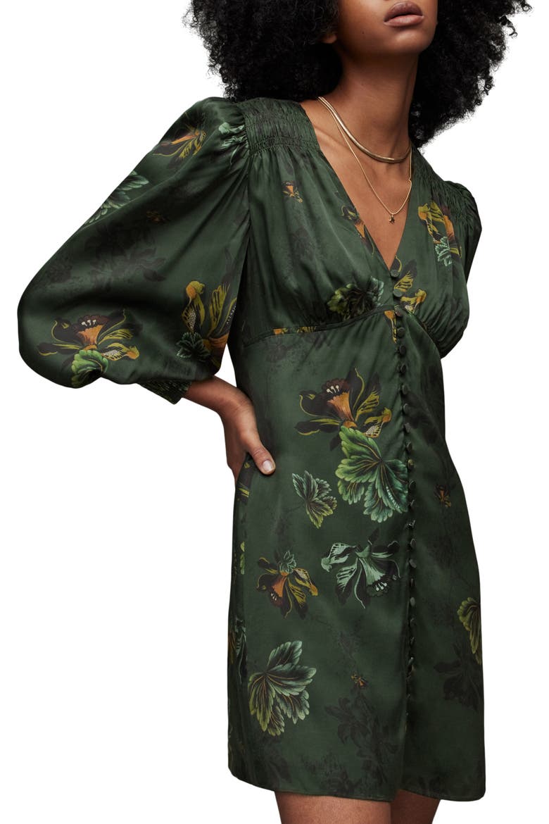 Auden Lilly Floral Long Sleeve Satin Minidress, Alternate, color, FOREST GREEN