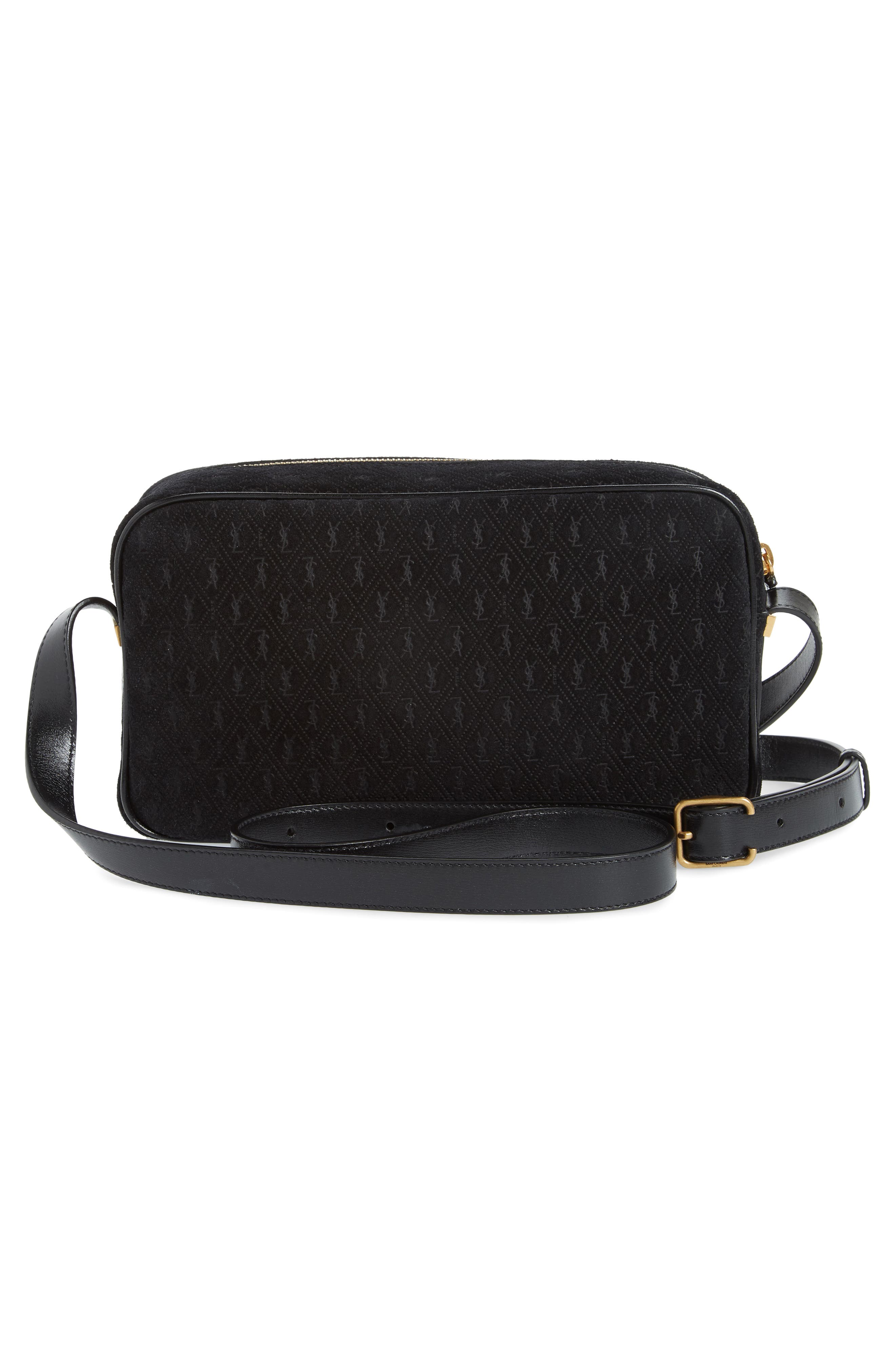 Saint Laurent Monogram Debossed Suede Camera Crossbody Bag, Alternate, color, 