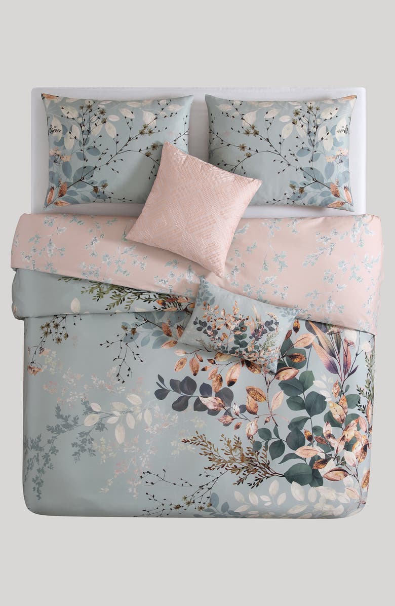 Bebejan Peach Leaves Cotton Reversible 5-Piece Comforter Set, Alternate, color, Blue/ Pink