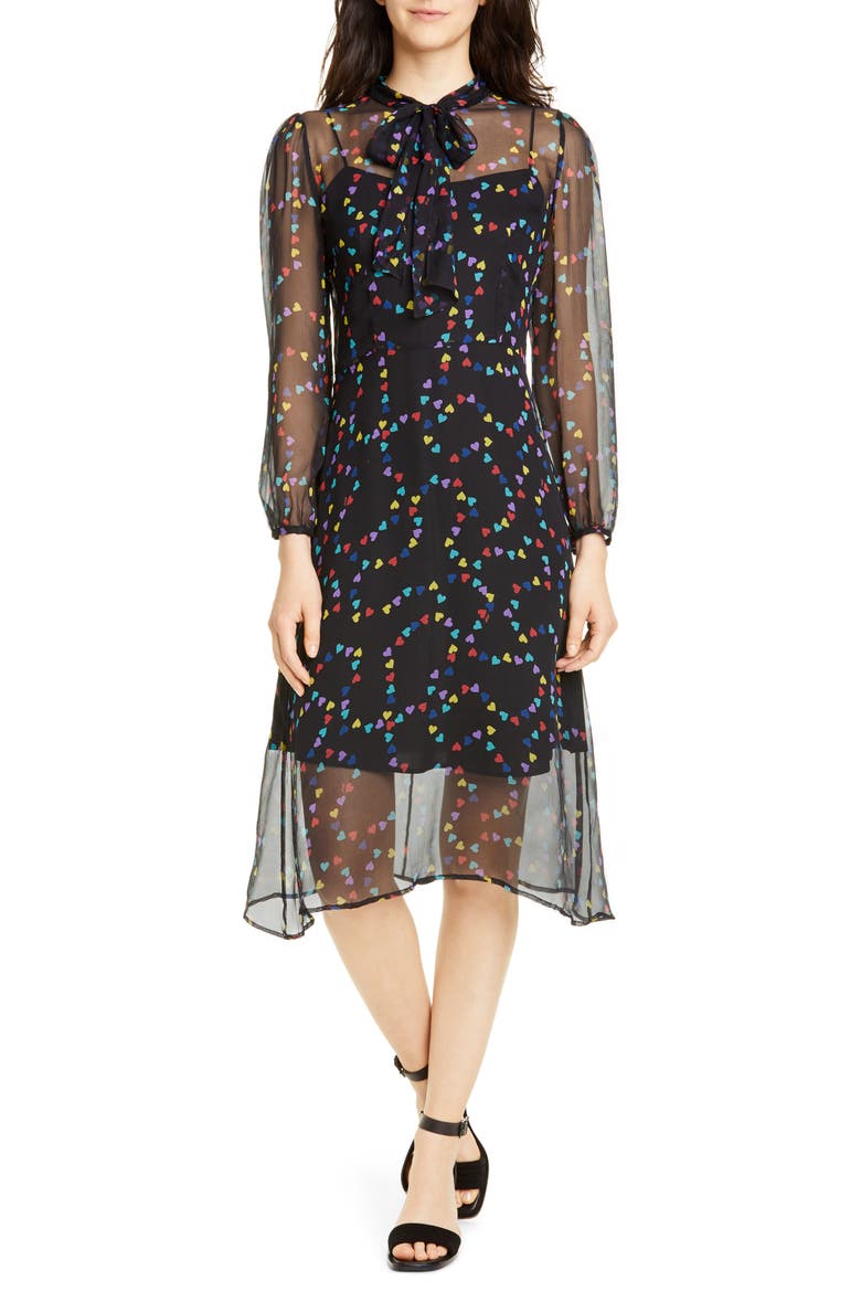 Elisa Tie Neck Long Sleeve Silk Chiffon Dress, Main, color, RAINBOW STRING OF HEARTS