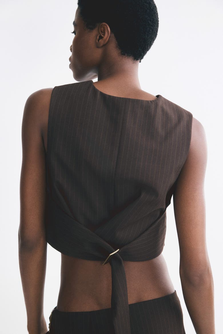 Cropped Belt-detail Vest, Alternate, color, Dark brown/pinstriped