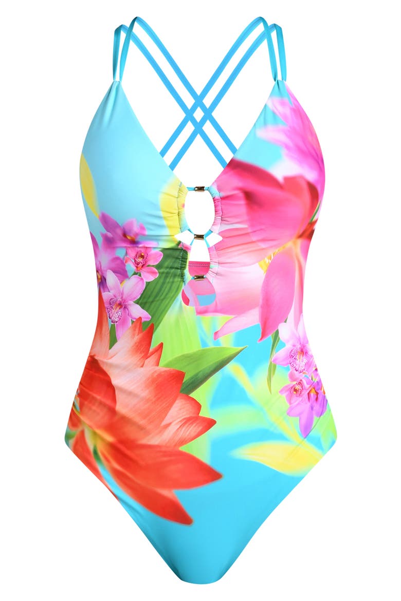 Sunset Botanica Strappy Underwire One-Piece Swimsuit, Alternate, color, BLUE/ GREEN MULTI