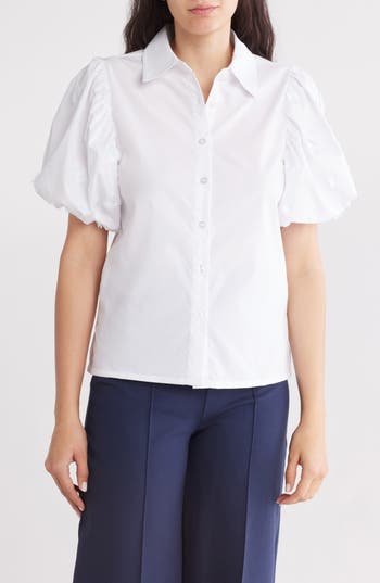 By Design Jayla Embroidered Puff Sleeve Button-up Shirt In Bright White