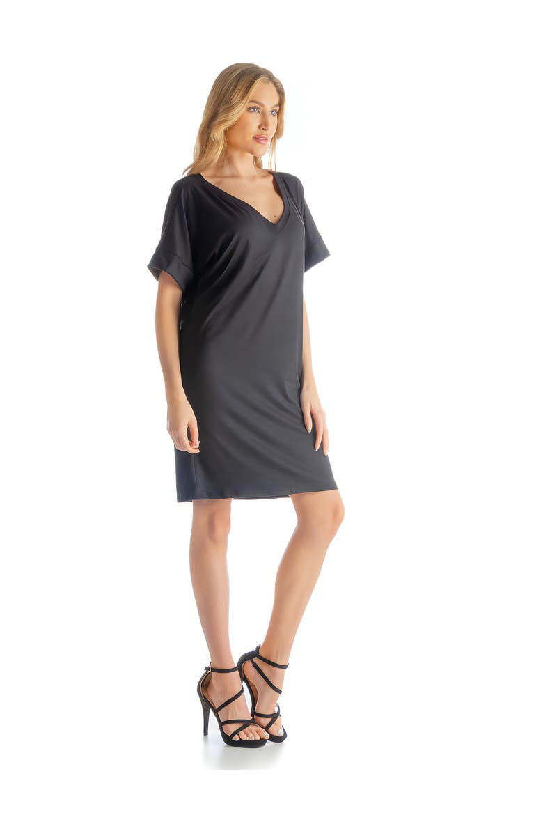 Solid Color Loose Fit V-Neck T Shirt Style Knee Length Dress, Alternate, color, Black