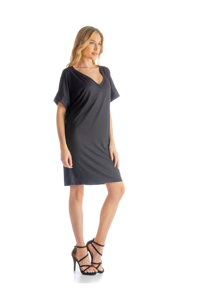 24seven Comfort Apparel Solid Color Loose Fit V-Neck T Shirt Style Knee Length Dress, Alternate, color, Black