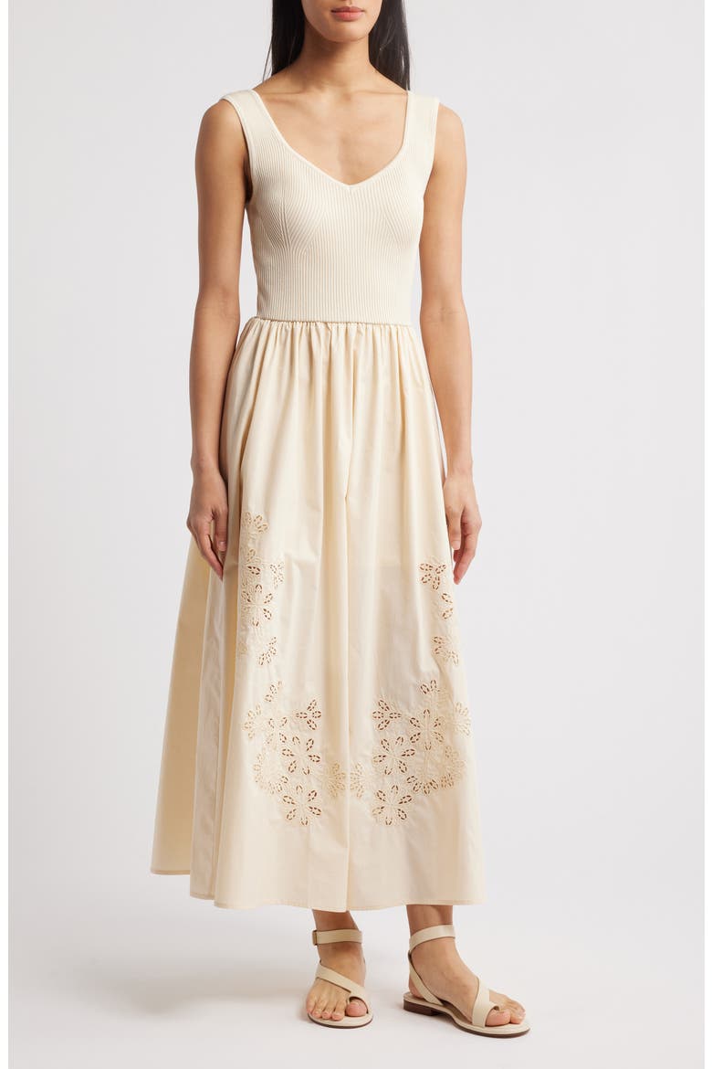 Sleeveless Mixed Media Midi Dress, Main, color, CREAM