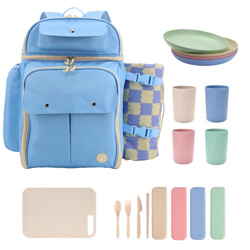 J World Picnic Backpack With Insulated Compartments & Picnic Mat In Blue