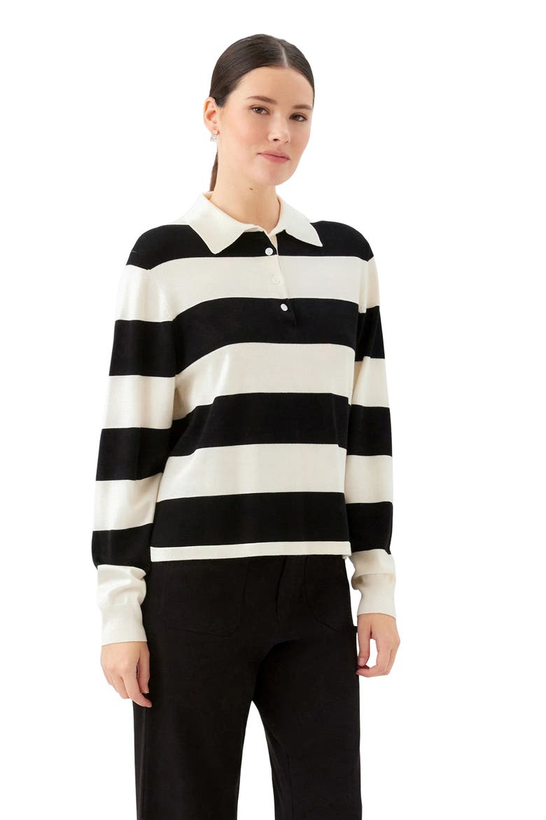Stripe Collared Henley Sweater, Alternate, color, OFF WHITE W/ BLACK