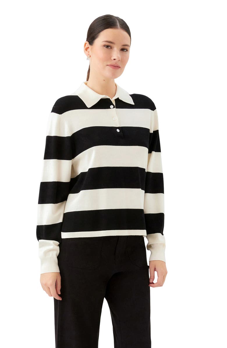 Karen Kane Stripe Collared Henley Sweater, Alternate, color, Off White W/ Black