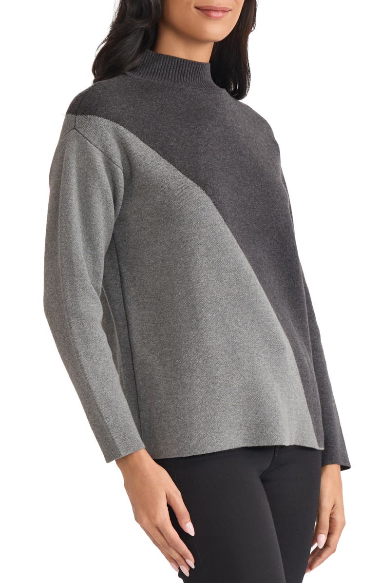 Jones New York Coloblock Mock Neck Sweater, Alternate, color, Smoke Heater/Light Grey