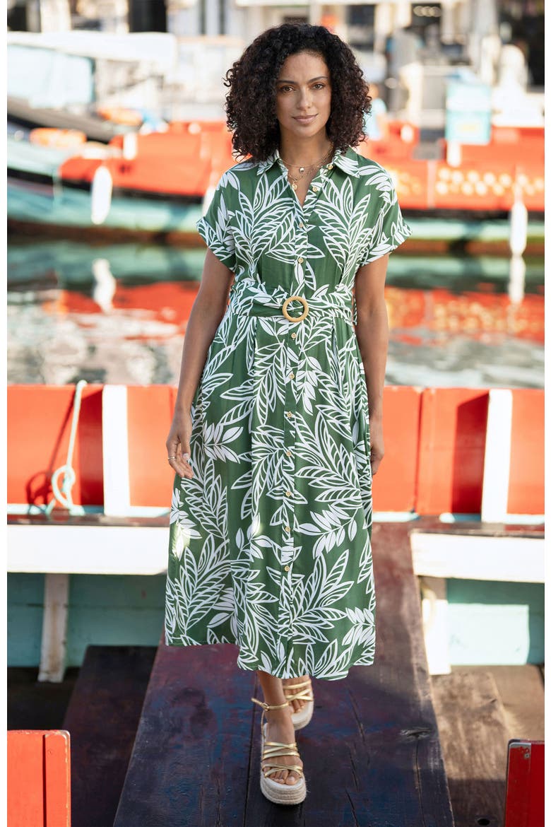 Leaf Print Midi Shirt Dress, Alternate, color, Green