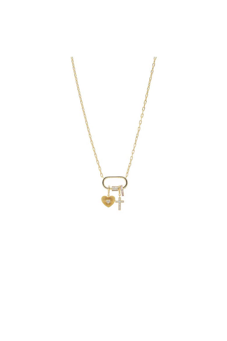 Heart & Cross Multi-Charm CZ Lock Necklace, Main, color, Pink