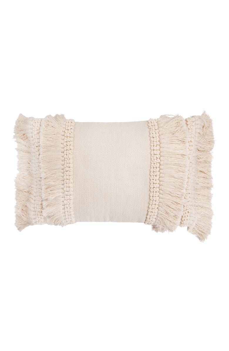 Storied Home Cotton and Chenille Woven Lumbar Pillow with Fringe, Cover Only, Main, color, Cream