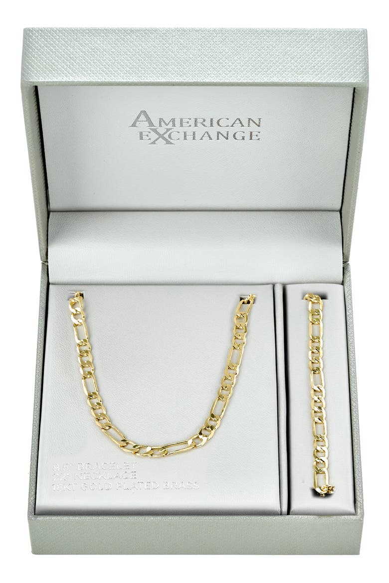 Men's 18K Gold Plated Figaro Chain Necklace & Bracelet Set, Main, color, GOLD