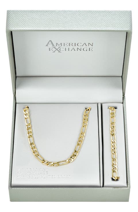 Men's 18K Gold Plated Figaro Chain Necklace & Bracelet Set