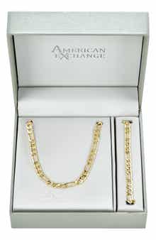 Men's 18K Gold Plated Figaro Chain Necklace & Bracelet Set