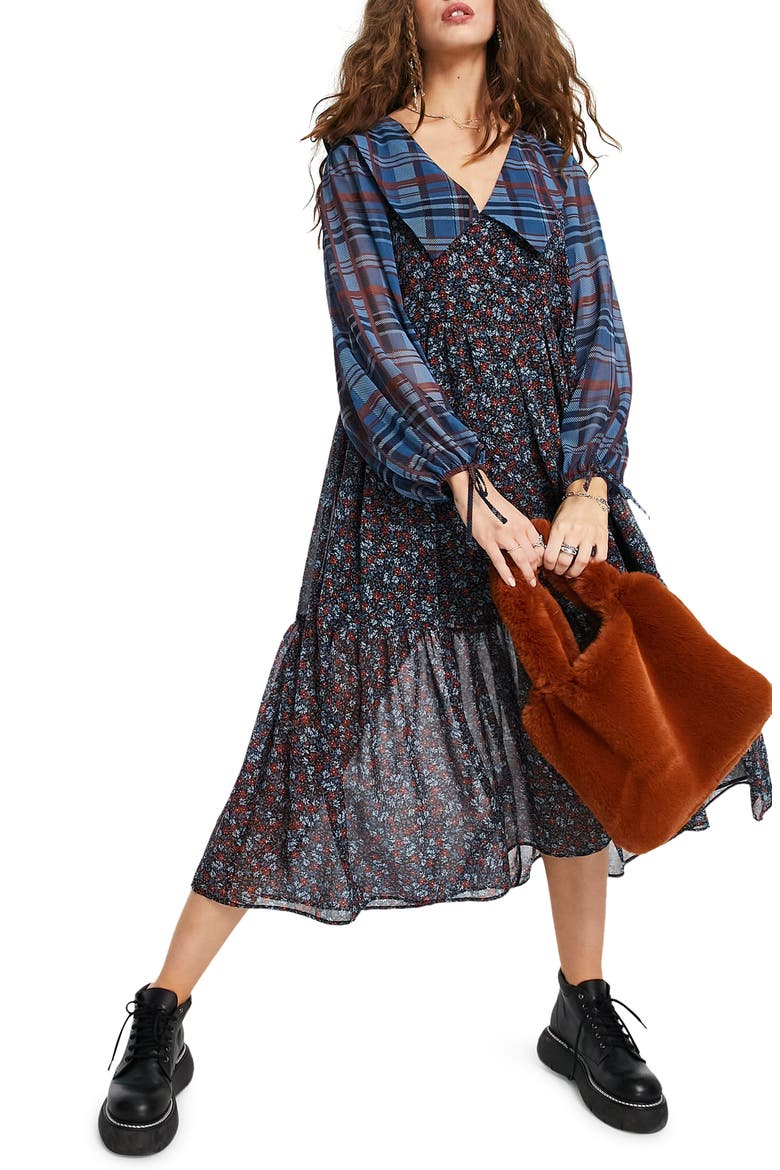 Long Sleeve Plaid & Floral Dress, Main, color, BLUE