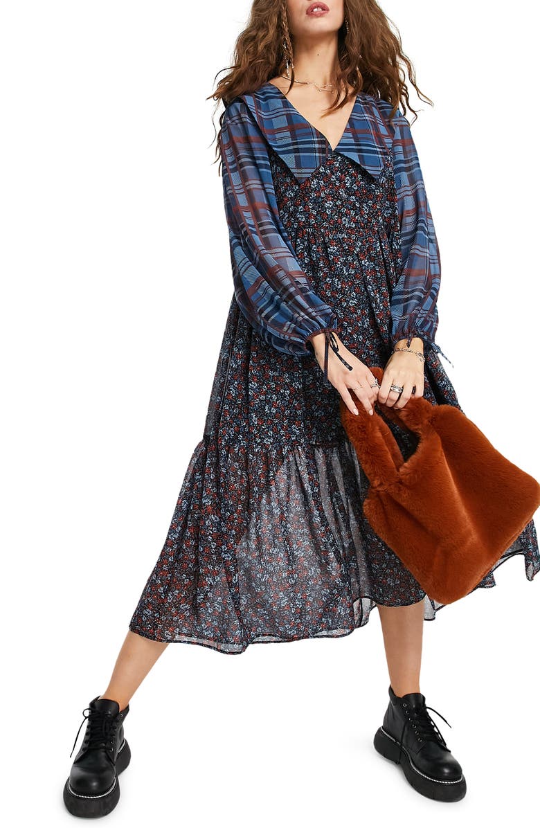 Topshop Long Sleeve Plaid & Floral Dress, Main, color, 
