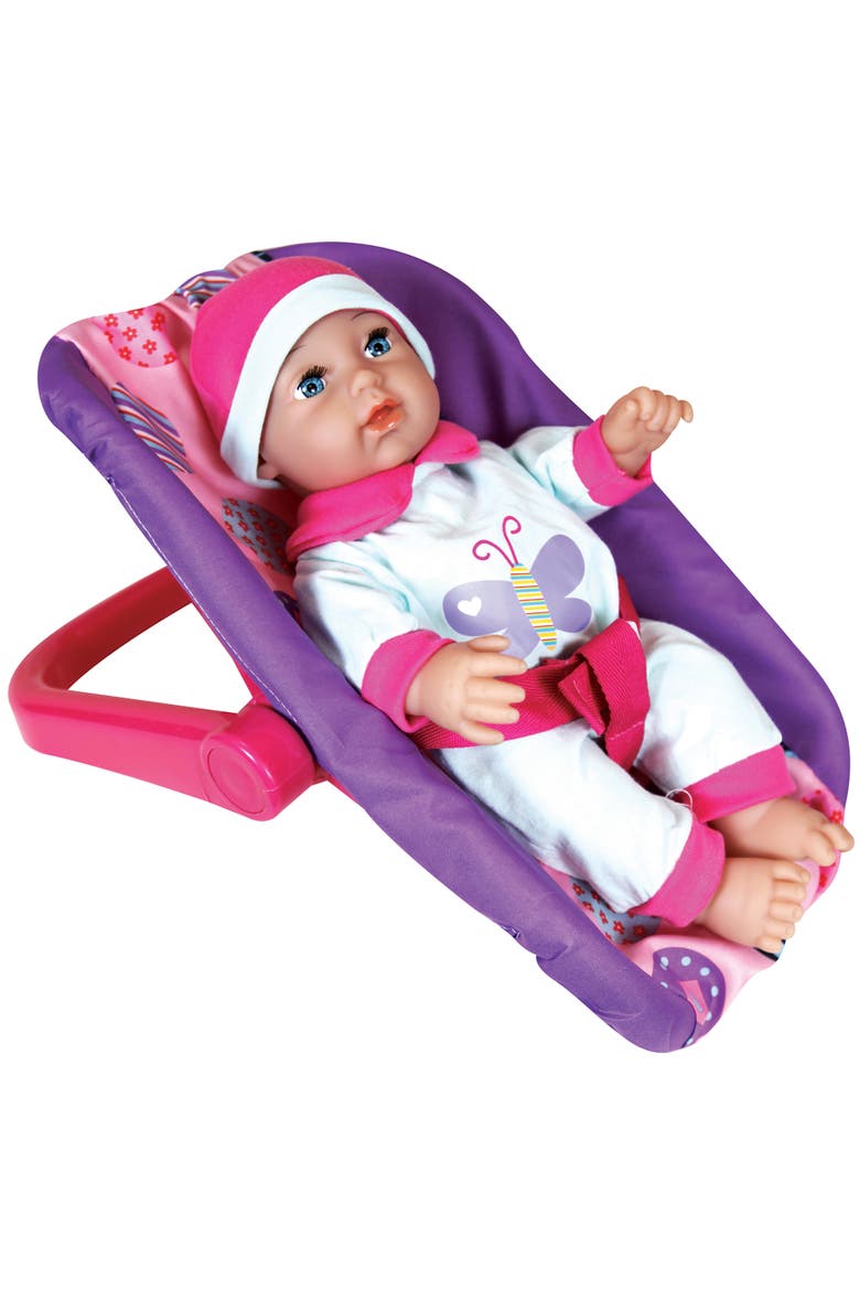 11 Inch Baby Doll & Car Seat Handbag Set, Pink Blue Purple Butterfly Outfit, Alternate, color, Multicolored