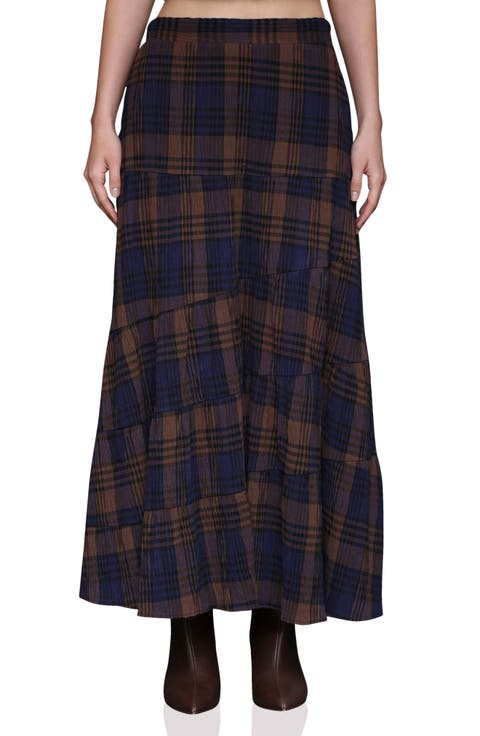 Plaid Cotton Tiered Maxi Skirt