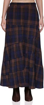 Avec Les Filles Plaid Cotton Tiered Maxi Skirt