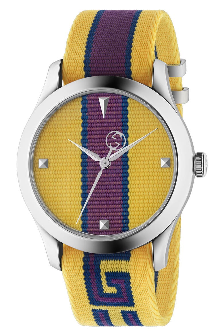 G-Timeless Nylon Strap Watch, 37mm, Main, color, YELLOW/ PURPLE/ SILVER
