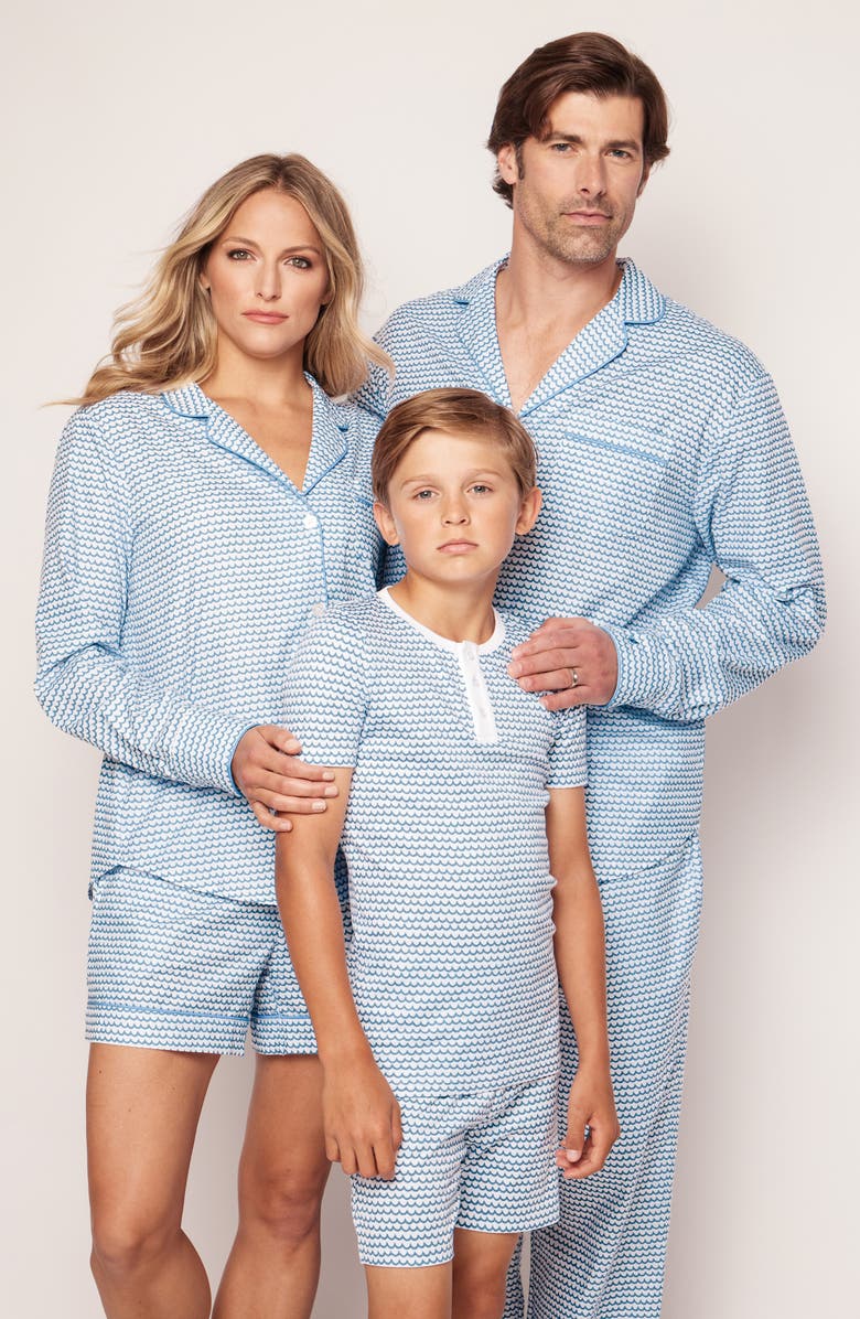 Petite Plume Kids' Wave Print Fitted Two-Piece Pima Cotton Short Pajamas, Alternate, color, La Mer