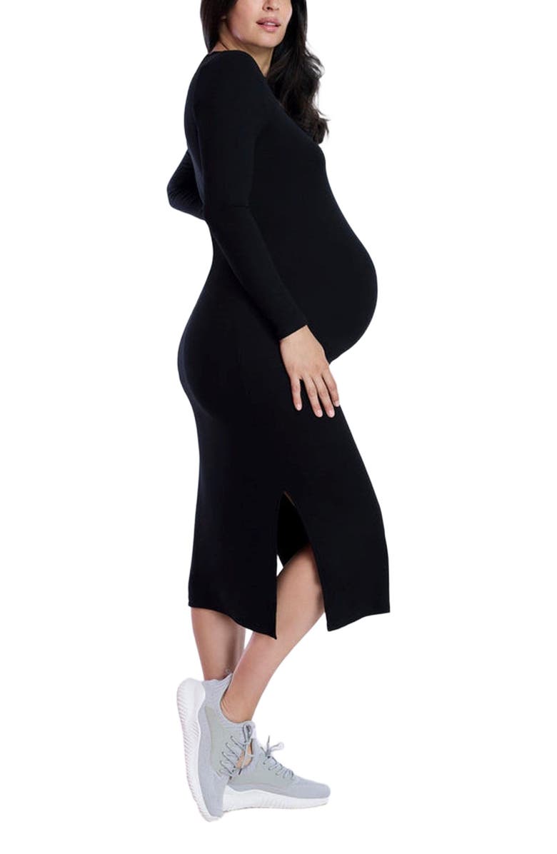 MOTHERHOOD MATERNITY Crew Neck Rib Knit Long Sleeve Column Dress, Alternate, color, Black
