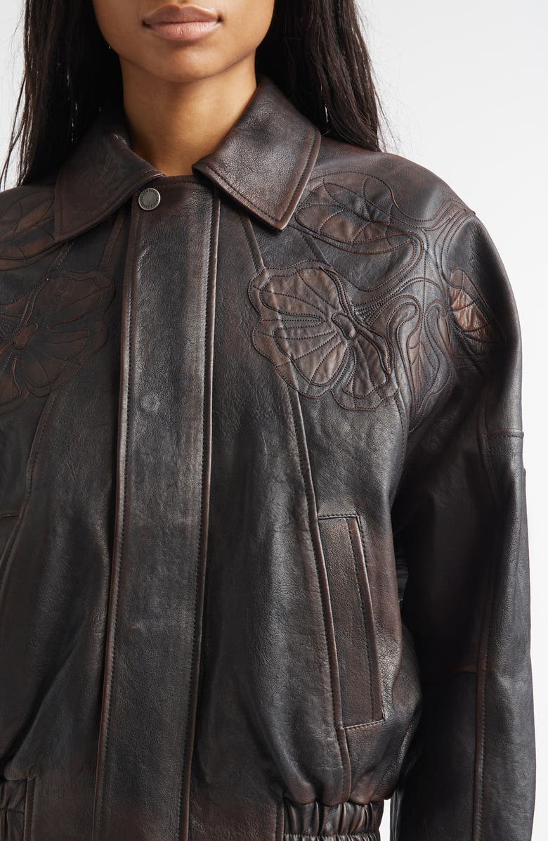 Golden Goose Journey Floral Embroidered Oversize Leather Bomber Jacket, Alternate, color, Port Royale