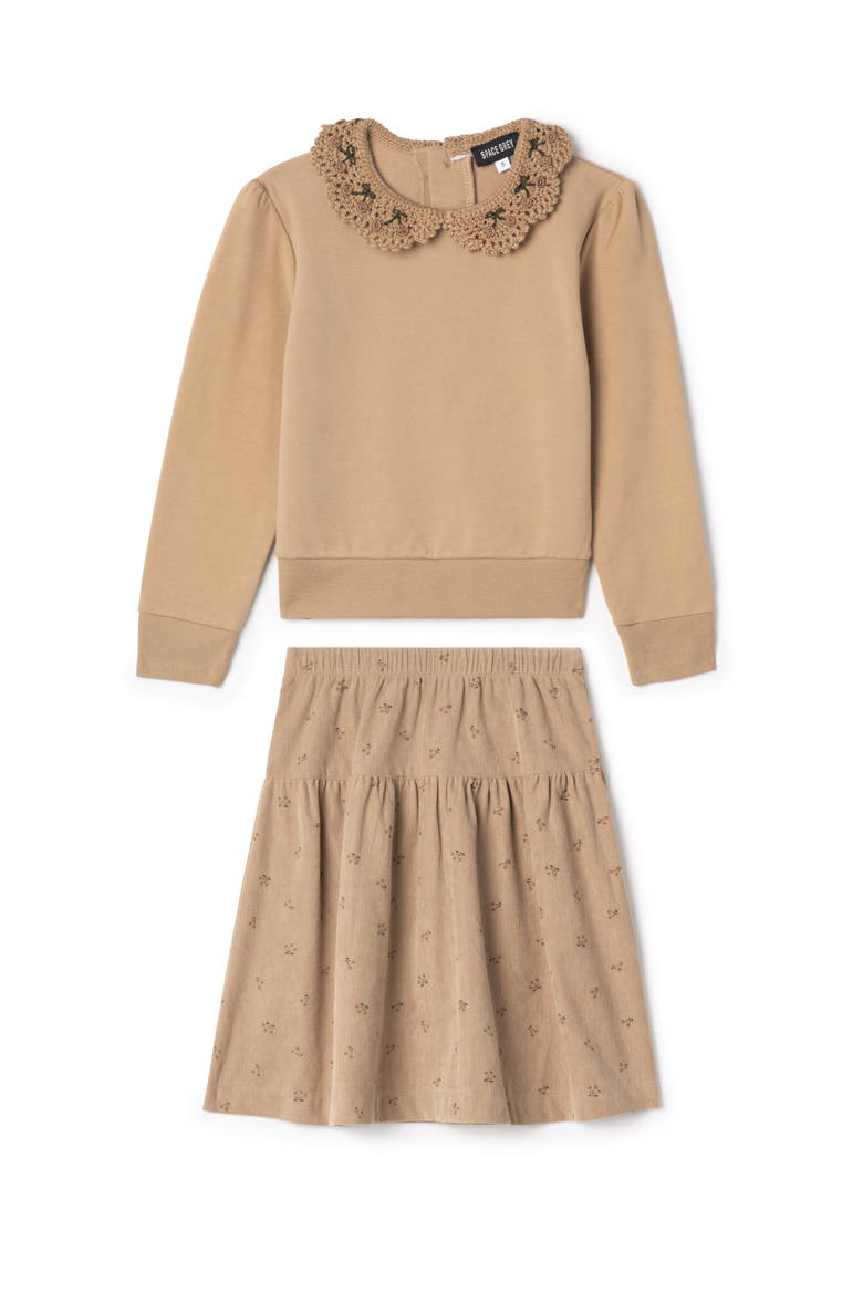 2 Piece Corduroy Skirt Set with Crochet Collar French Fleece Sweater, Main, color, Dusty Pink
