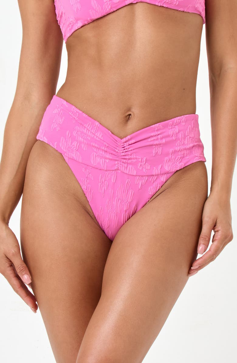 LSPACE Bardot Ruched Jacquard High Waist Bikini Bottoms, Main, color, Hottest Pink