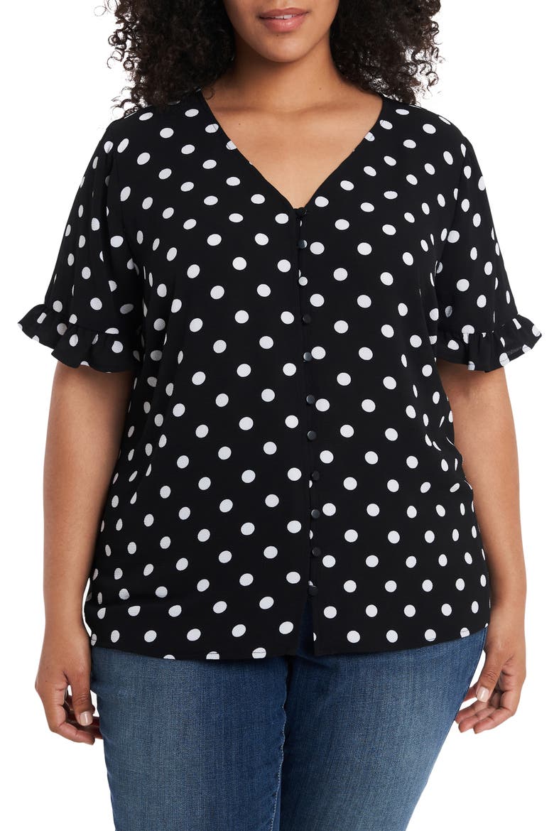 Disco Dot Ruffle Sleeve Top, Main, color, RICH BLACK