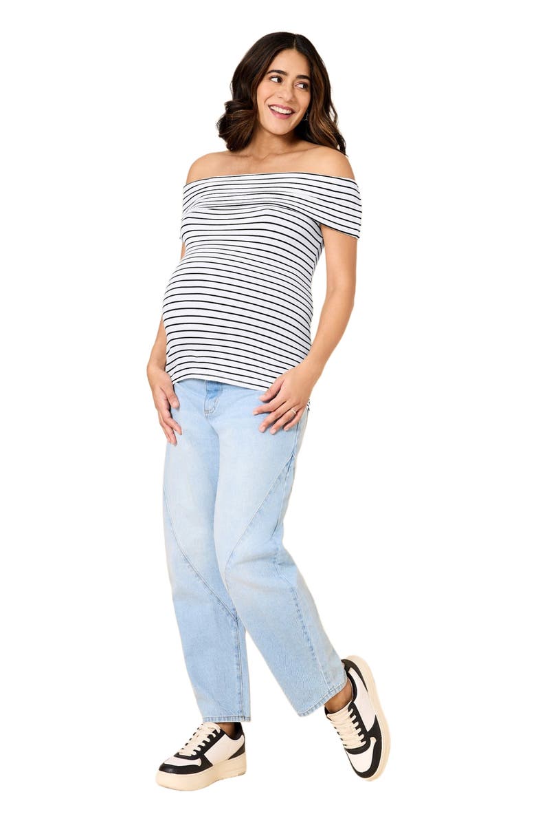 MOTHERHOOD MATERNITY Rib Knit Short Sleeve Off The Shoulder Top, Main, color, White & Black Stripe