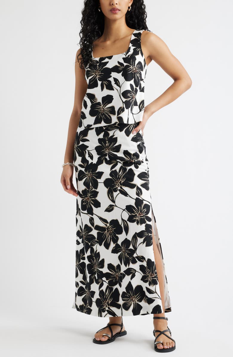 Open Edit Linen Blend Column Maxi Skirt, Alternate, color, White- Black Trop Bloom