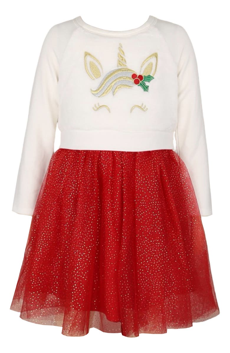 Zunie Kids' Unicorn Embroidered Long Sleeve Plissé Dress, Main, color, Cream/ Red
