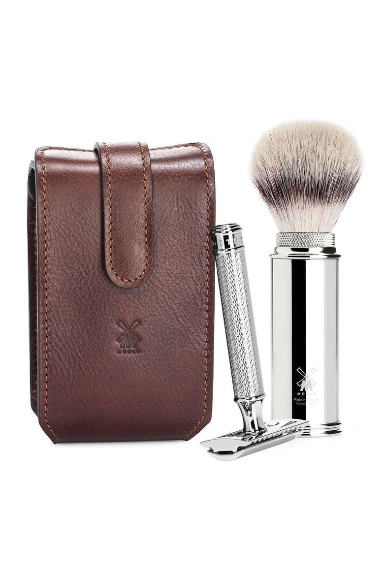 Brown Leather Case, Silvertip Fiber Brush & Safety Razor Travel Set, Main, color, Brown