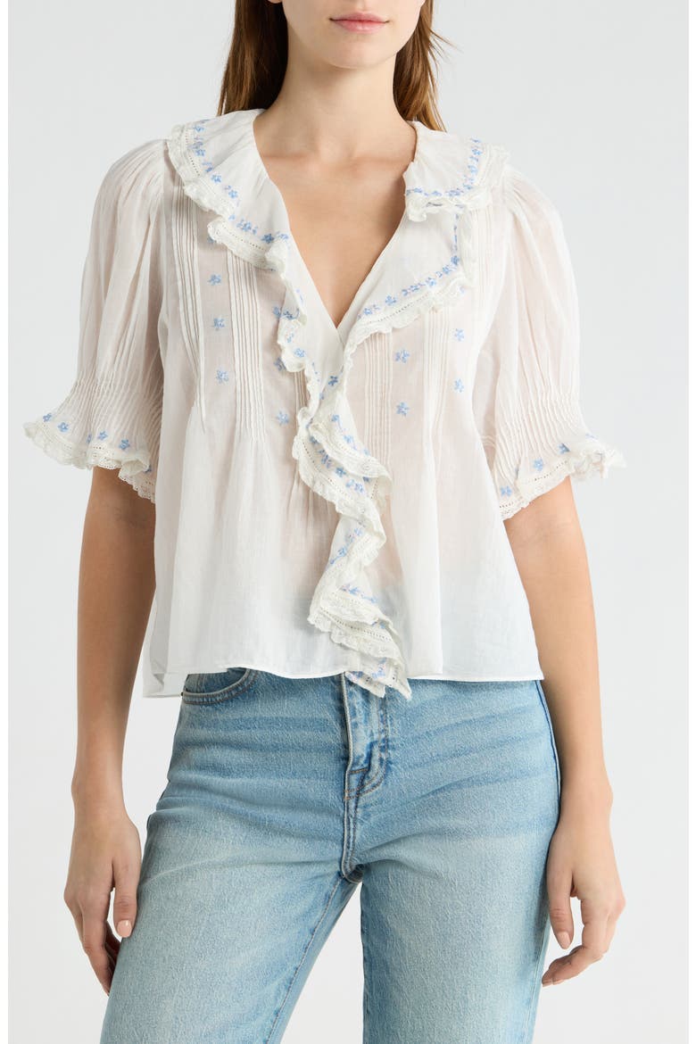 Hettie Embroidered Ruffle Organic Cotton Top, Alternate, color, SALT/ BLUE