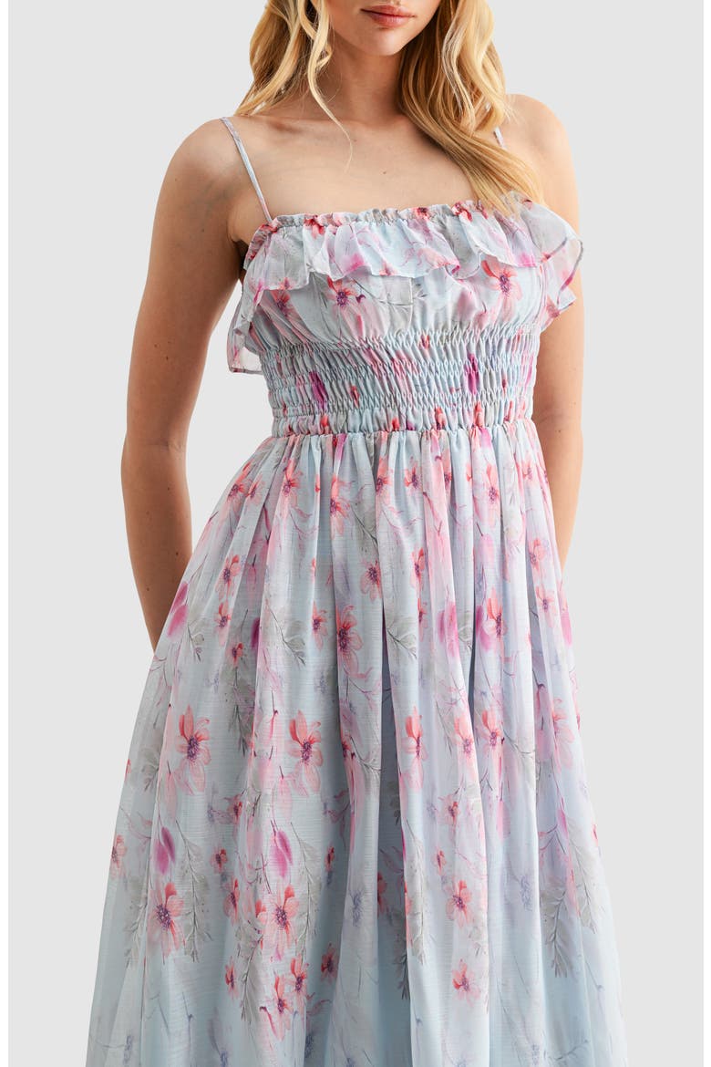 Ruffle Smocked Midi Dress, Alternate, color, BLUE FLORAL
