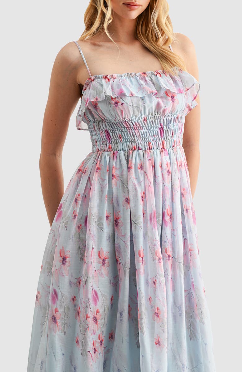 Lush Ruffle Smocked Midi Dress, Alternate, color, Blue Floral