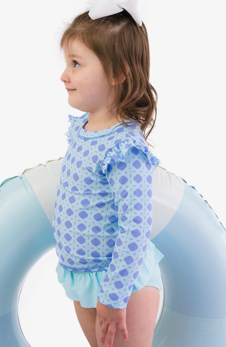 RuffleButts Kids' Periwinkle Ruffle Long Sleeve Two-Piece Rashguard Swimsuit, Alternate, color, Blue