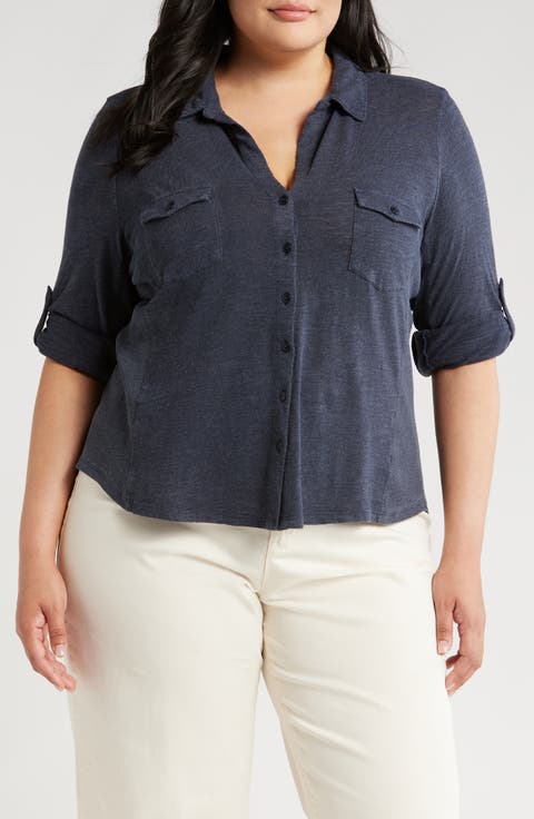 Roll Sleeve Knit Button-Up Shirt (Plus)
