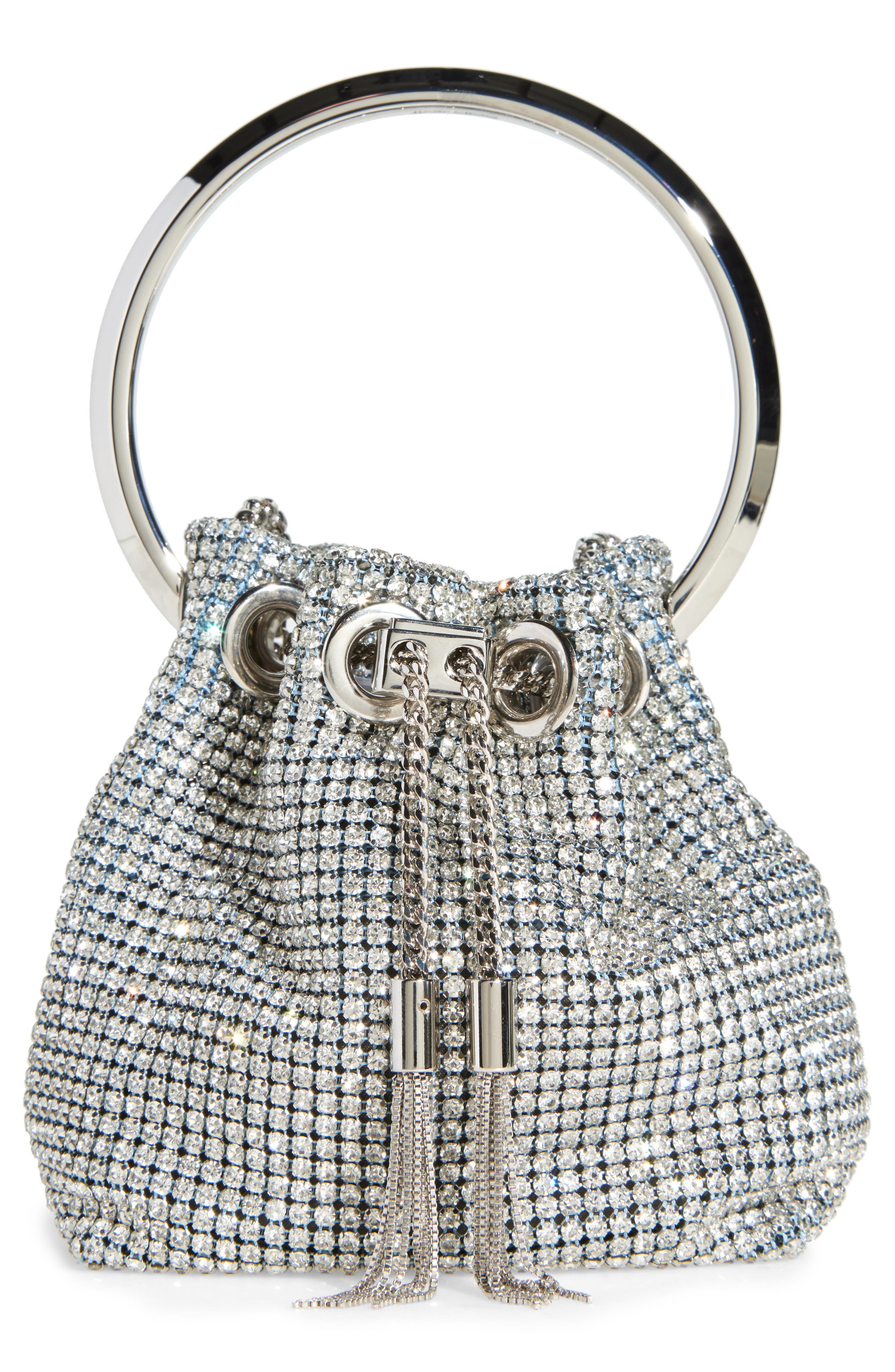 Jimmy Choo Micro Bon Bon Crystal Mesh Top Handle Pouch, Main, color, Silver