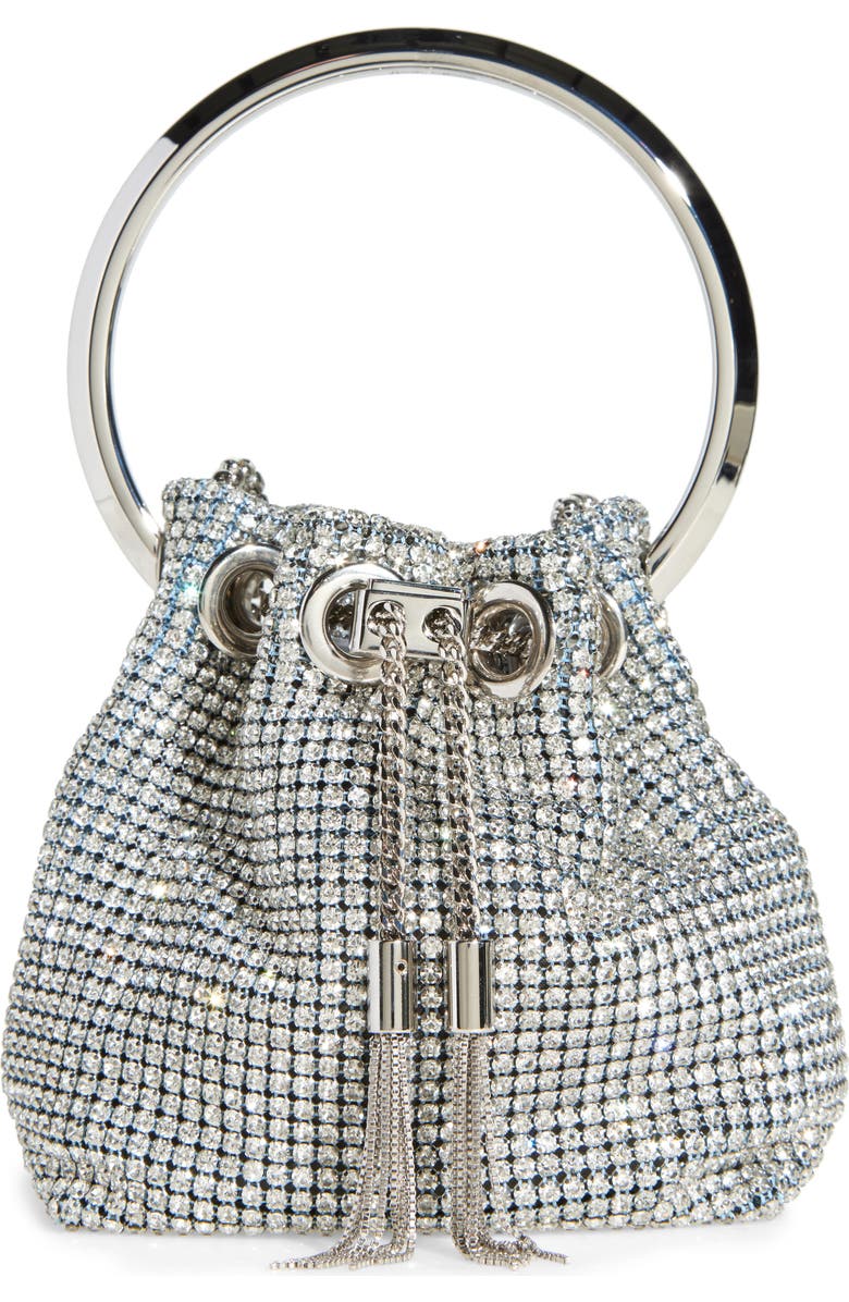 Jimmy Choo Micro Bon Bon Crystal Mesh Top Handle Pouch, Main, color, Silver