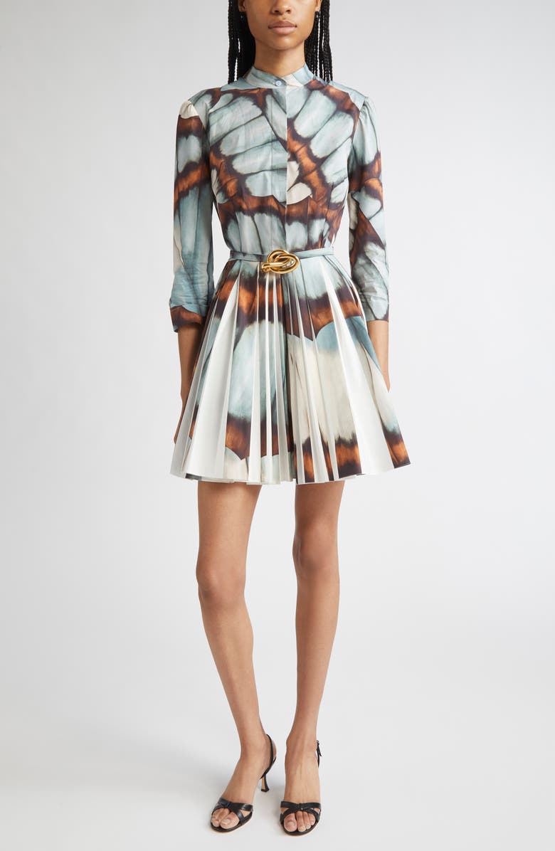 Oscar de la Renta Butterfly Print Belted Stretch Poplin Shirtdress, Main, color, Blue Multi