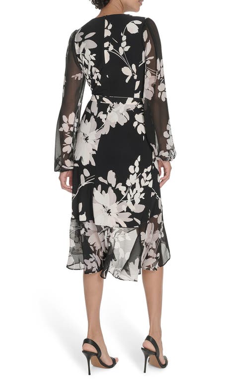 Tommy Hilfiger Floral Long Sleeve Ruffle Mixed Media Midi Dress In Black