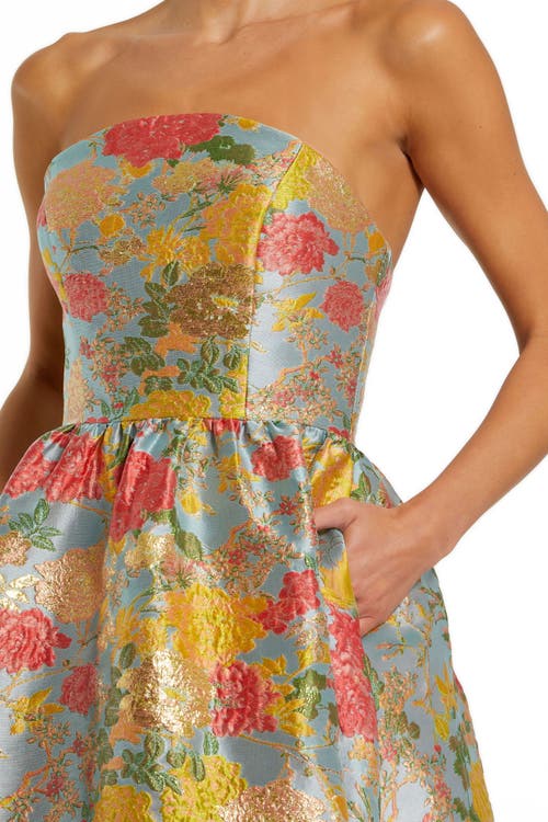 Mac Duggal Strapless Brocade Floral Gown With Ruffle Hem