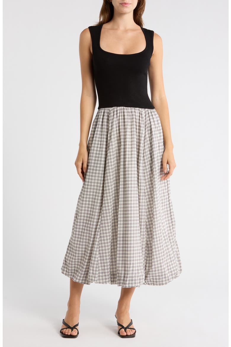 Sleeveless Mixed Media Midi Dress, Main, color, BLACK