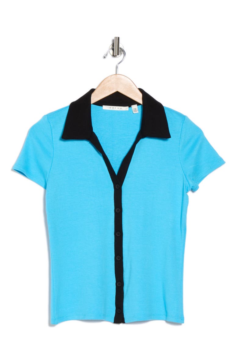 Short Sleeve Button-Up Shirt, Alternate, color, ARTIC BLUE/ BLACK