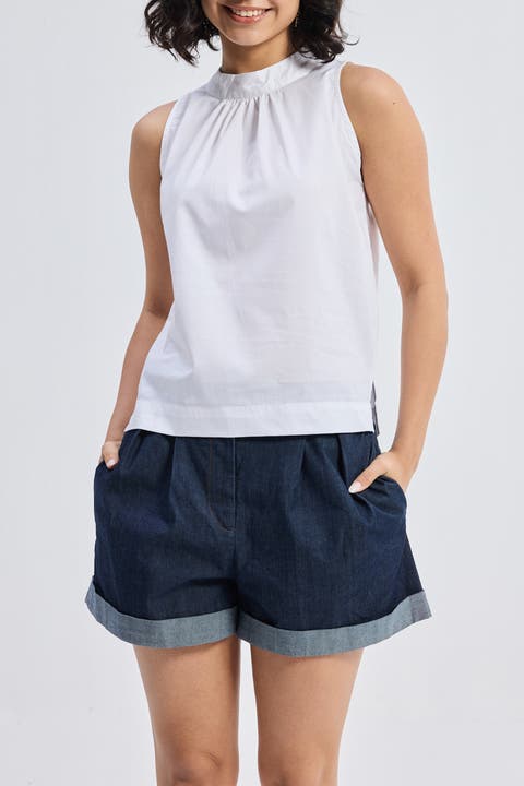High-Neck Top with Gathers in White